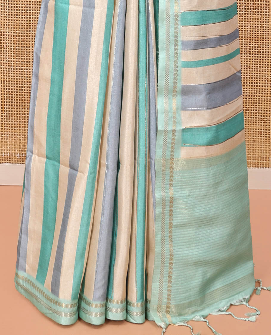 Chikku-Rama Blue Fancy Tussar Silk With Stripes, Zari Border, Pallu, and Blouse