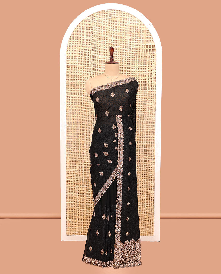 Black Designer Saree, Finely Crafted with Floral Jaal and Butta Embroidery, a Scallop Embroidered Border, and a Matching Blouse
