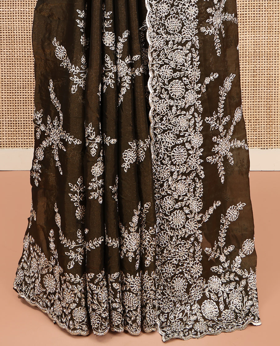 Brown Designer Saree, Prettified with Floral Embroidery, Scallop-Embroidered Border, and Matching Embroidered Blouse