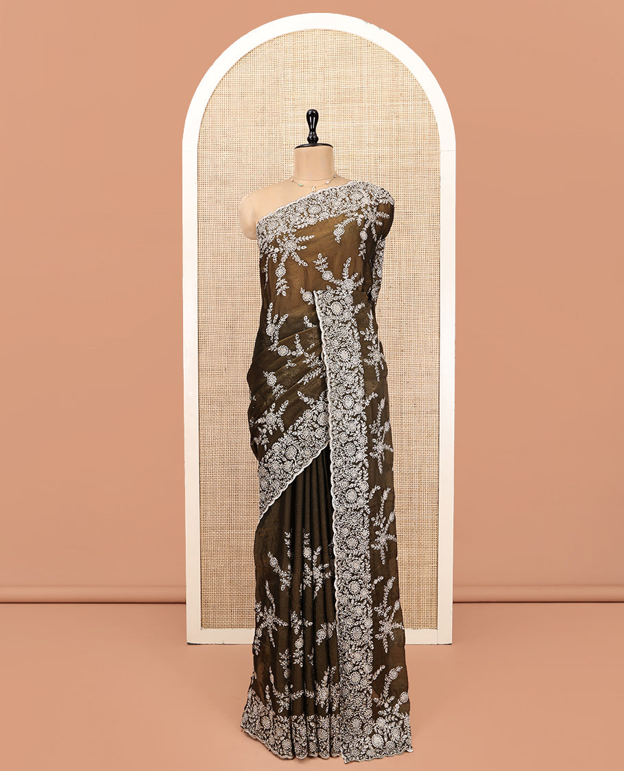 Brown Designer Saree, Prettified with Floral Embroidery, Scallop-Embroidered Border, and Matching Embroidered Blouse