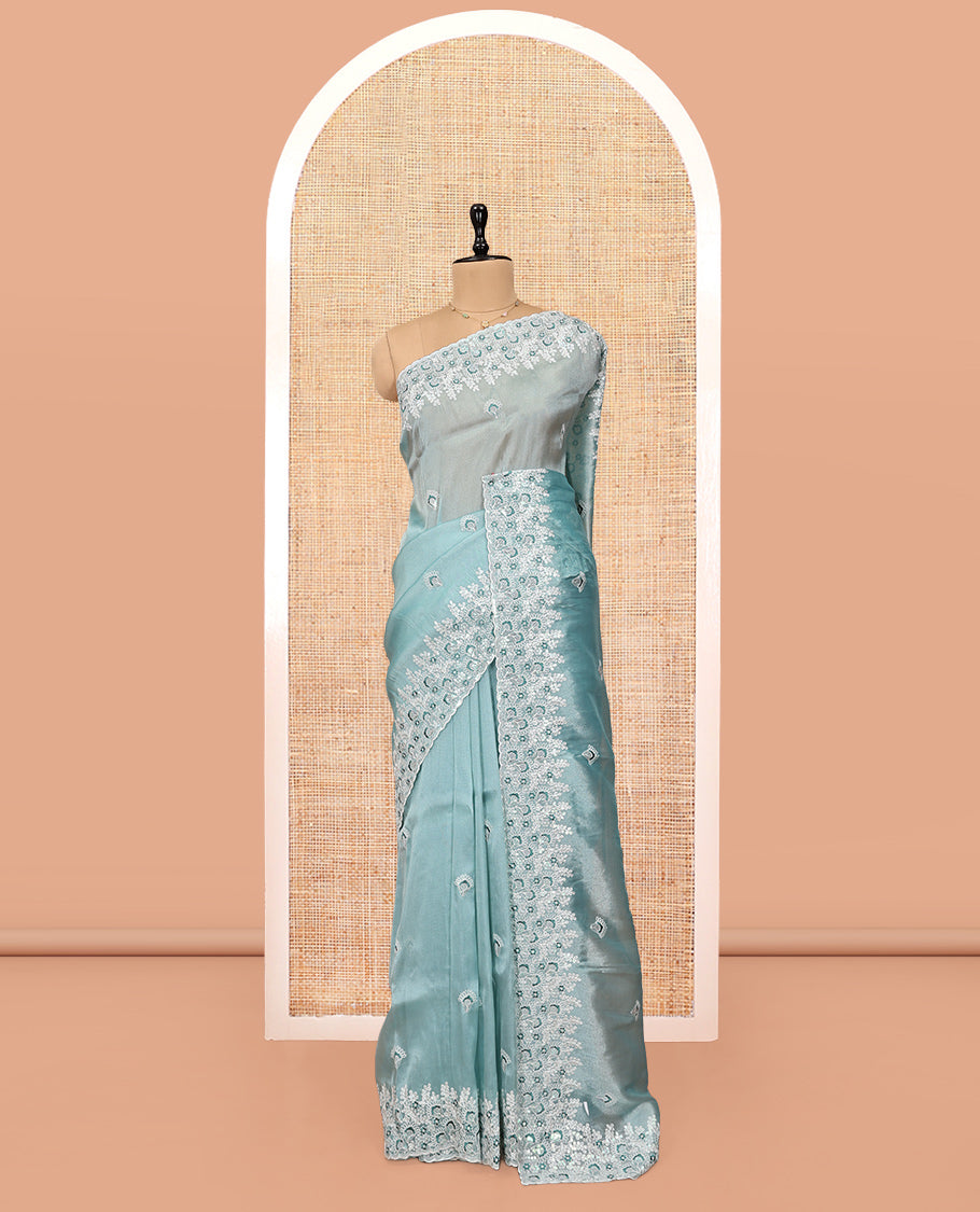 Blue Organza Saree, Ornamented with Thread Floral Buttas, Scallop Floral Embroidery Border, and Matching Blouse