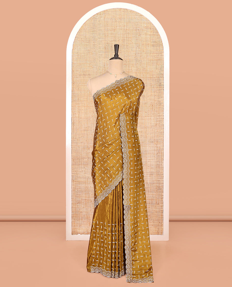 Mustard Designer Saree, Steeped in Richness of Stonework, a Scallop Stonework Border, and a Matching Blouse