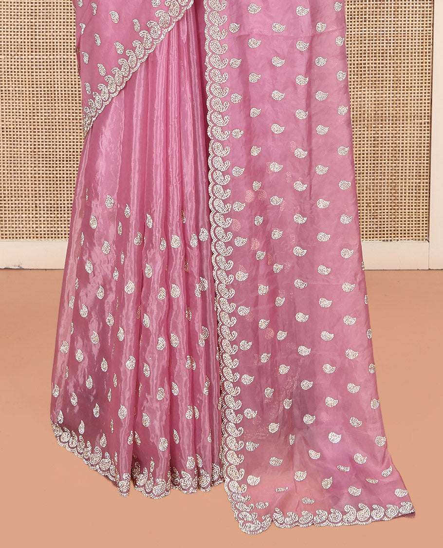 Pink Designer Saree, Prettified with Paisley Stone Work, Scallop Stone Work Border, a Self-Pallu, and a Matching Blouse