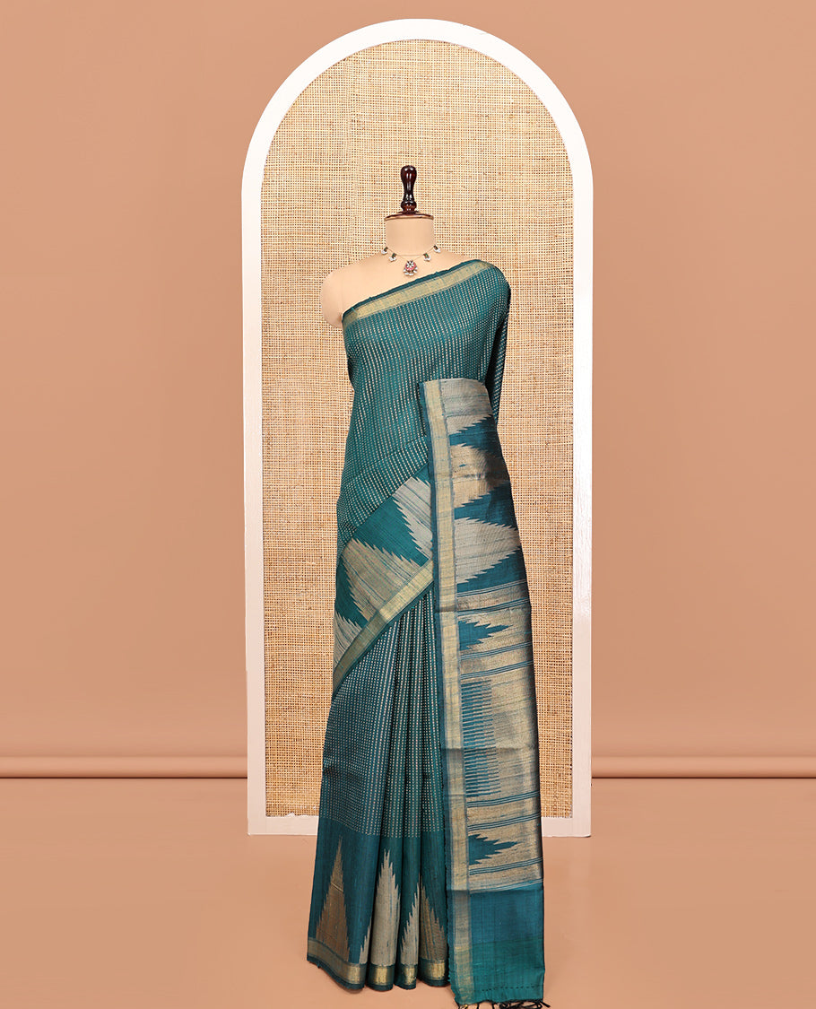 Rama Dupion Silk Saree, Steeped with Dotted Stripes, a Zari Temple Border, Gleaming Striped Pallu, and a Matching Blouse