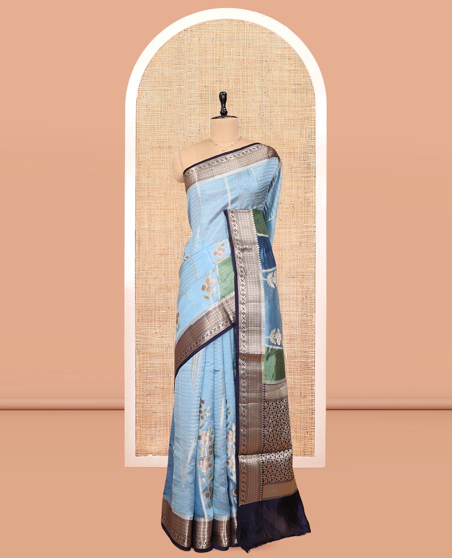 Blue Dupion Silk Saree, Accentuated with Rangkat-Style Mughal Designs, a Contrast Traditional Zari Border, Ogee Pallu, and a Contrast Blouse