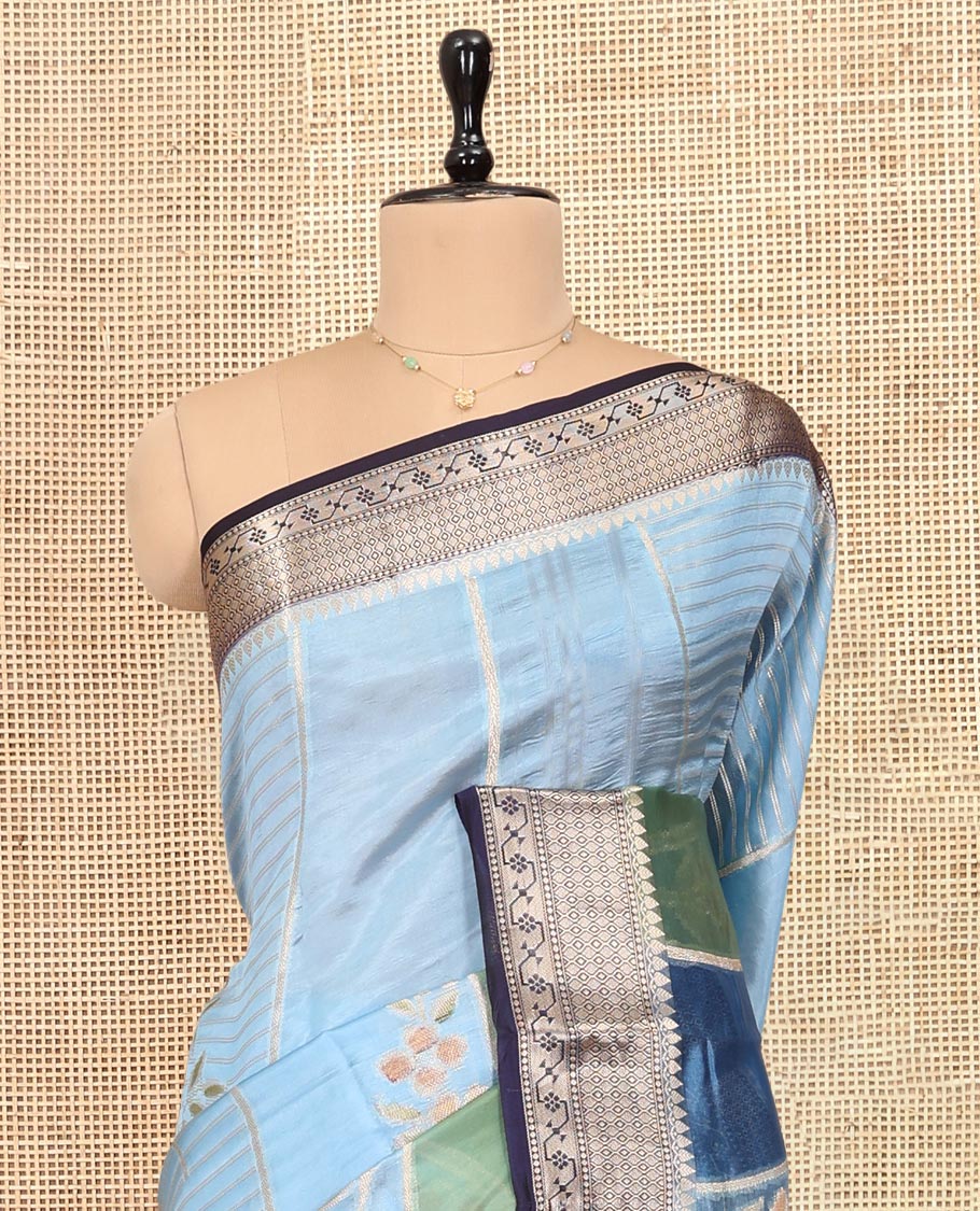 Blue Dupion Silk Saree, Accentuated with Rangkat-Style Mughal Designs, a Contrast Traditional Zari Border, Ogee Pallu, and a Contrast Blouse
