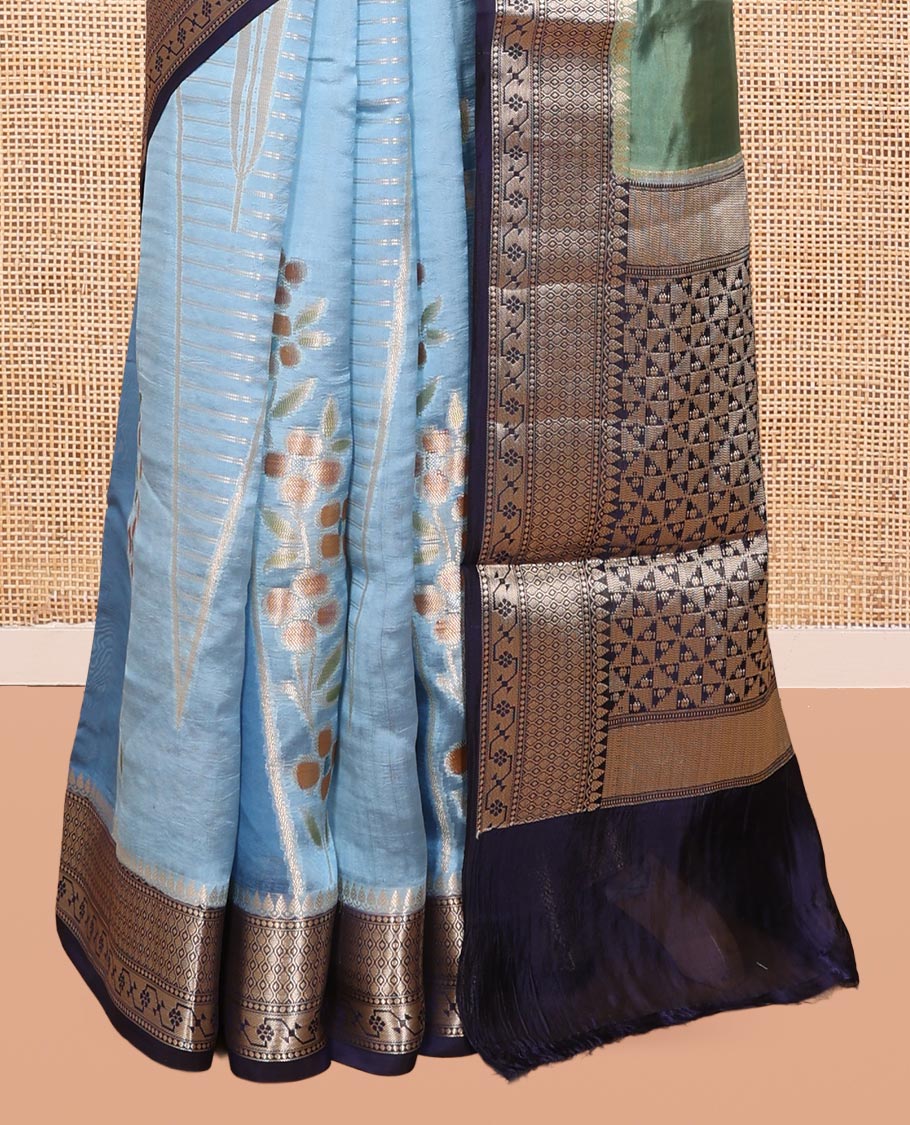 Blue Dupion Silk Saree, Accentuated with Rangkat-Style Mughal Designs, a Contrast Traditional Zari Border, Ogee Pallu, and a Contrast Blouse