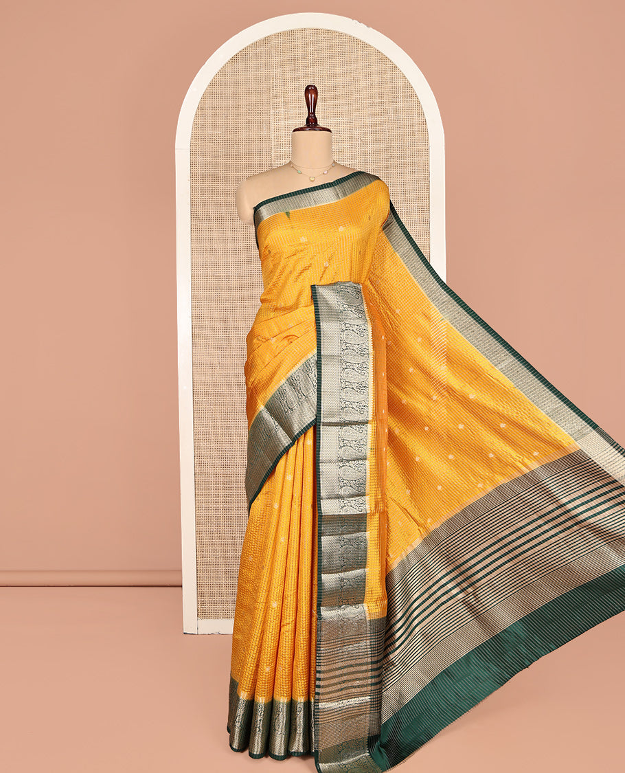 Yellow Dupion Silk Saree, Spotlighted with Zari Buttas and Micro-Checks, Contrast Traditional Zari Design Border, Zari Striped Pallu, and a Contrast Blouse
