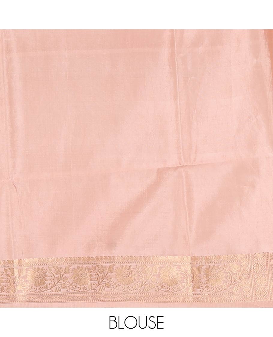 Red Raw Mango Silk Saree Decorated with Buttas, Featuring a Contrast Floral Creeper Zari-Designed Border, a Pallu Adorned with Chevron Zari Designs, Paired with a Contrast Blouse