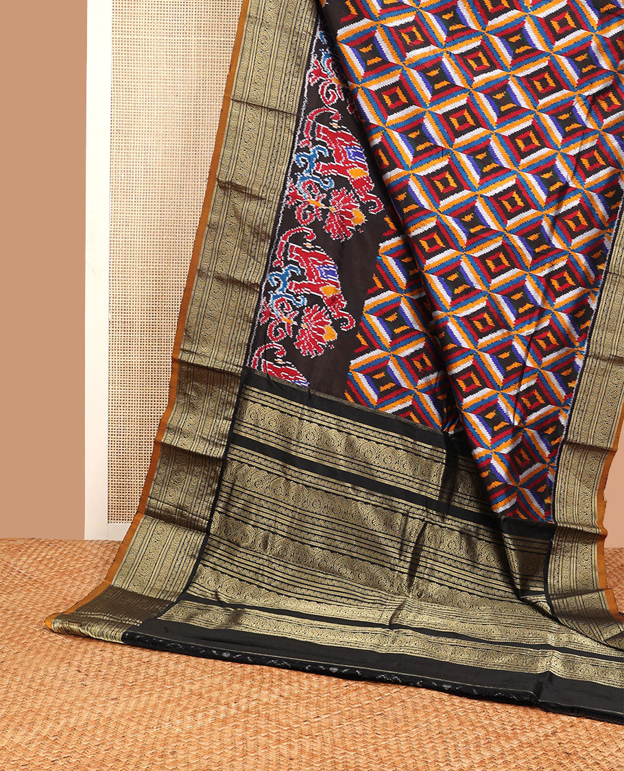 Black geometric, floral & animal design ikkat saree with contrast zari design border & traditional zari design pallu