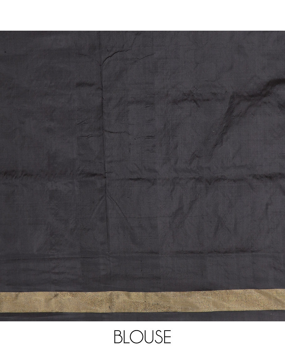 Red Ikkat Silk Saree Brightened with Ikkat Buttas, Complemented by a Contrast Ikkat Design Border, a Hazily Woven Pallu of Diamond Patterns, and a Contrast Blouse