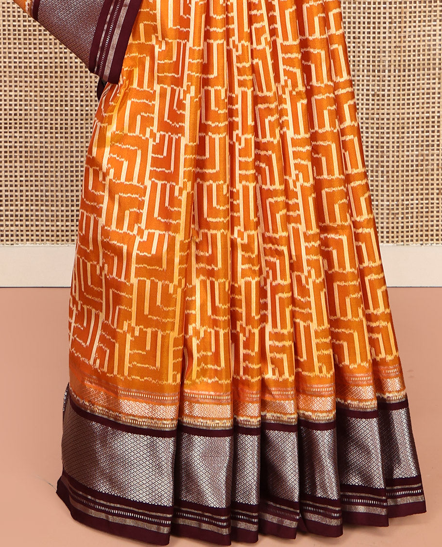 Yellow Pochampally Ikat Silk Saree, Decorated with Ikat Geometric Designs on Its Body, Complemented by a Contrast Zari Peacock-Eye Border, Ikkat Weave Pallu, and Paired with a Contrast Blouse