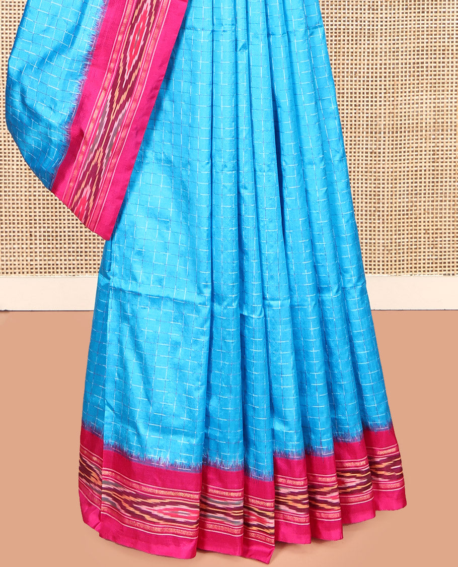 Blue Checked Pochampally Ikat Silk Saree, a Contrast Ikat-Style Border, an Ikat-Style Woven Pallu, and No Blouse