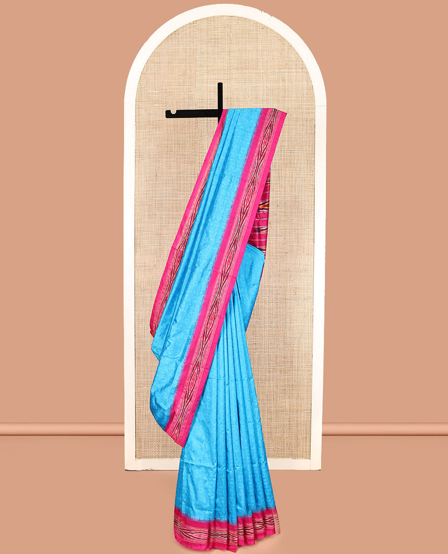 Blue Checked Pochampally Ikat Silk Saree, a Contrast Ikat-Style Border, an Ikat-Style Woven Pallu, and No Blouse