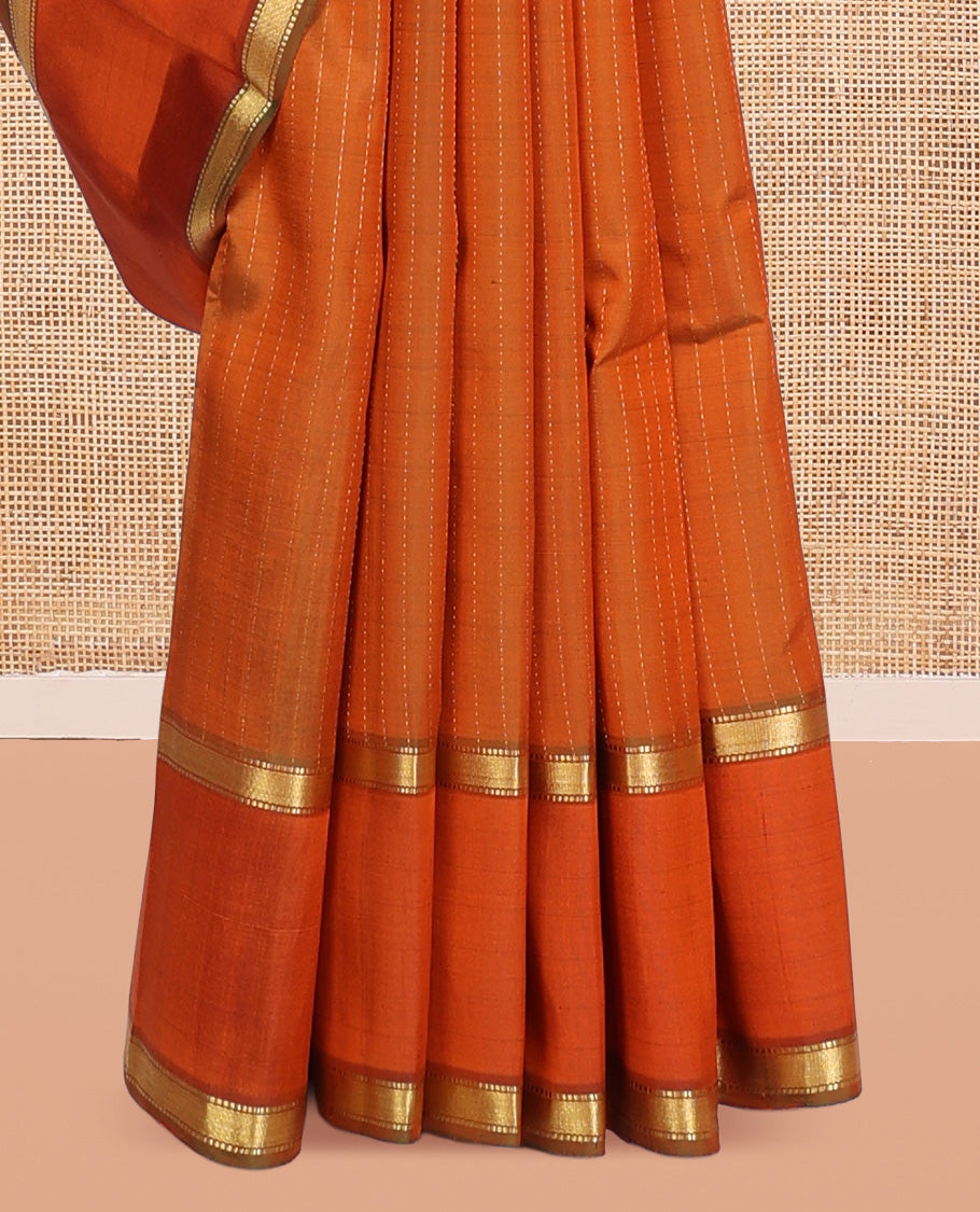Orange Kanchipuram Silk Saree, Sparsely Woven with Muthu Zari Stripes, Highlighted by Rettai Pettu Traditional Border, Zari Striped Pallu, and a Matching Blouse