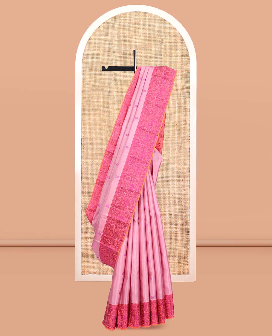 Pink Kanchipuram Silk Saree, Prettified with Mayil-Chakram Buttas, a Contrast Arumbu Manga Border, Jaal Pallu, and a Contrast Blouse
