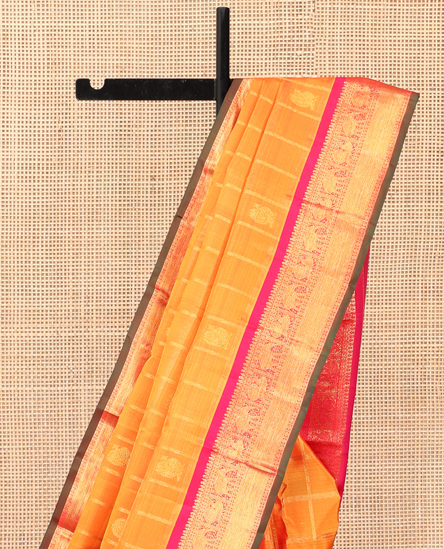 Orange Kanchipuram Silk Saree, Adorned with Mayil-Chakram Buttas and Stripes, Complemented by a Contrast Border of Thilakam Mokku, Rudraskham, Mayil, and Yaanai Design, Jaal Pallu, and a Contrast Blouse