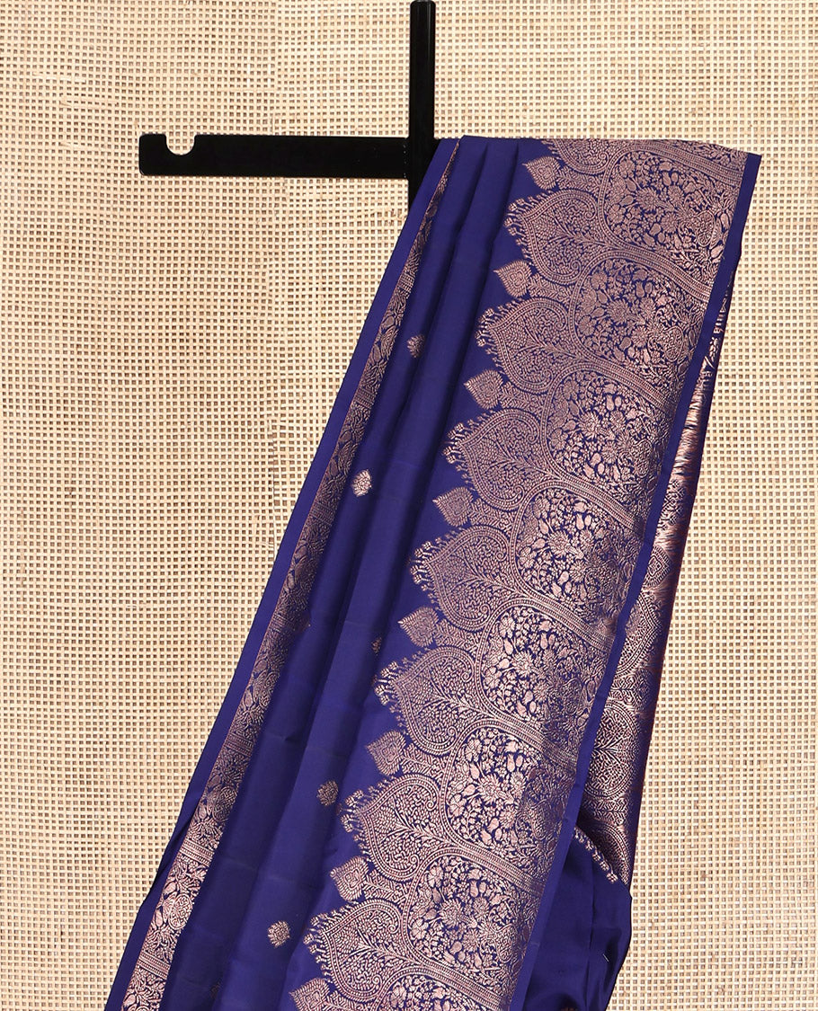 Blue Kanchipuram Silk Saree, Enthralled with Zari Buttas All Over Its Body, Highlighted by a Zari Border of Mughal-Style Designs, Grand Pallu, and Paired with a Matching Blouse