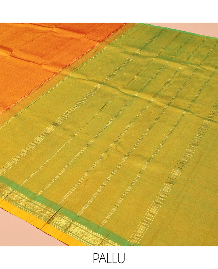 Orange Kanchipuram Silk Saree, Woven with Zari Buttas, Complemented by a Contrast One-Sided Border of Rekku and Jaal Designs, Zari Design Pallu, and No Blouse