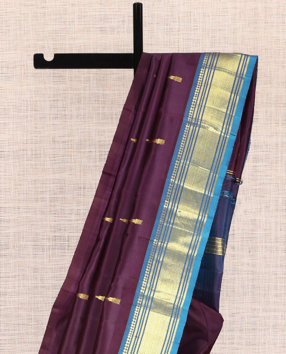 Brown Kanchipuram Silk Saree, Woven with Zari Buttas, a Contrast One-sided Border of Panner Sombu, Banaras, Muthu, and Mayil Kann Design, Zari Woven Pallu, and No Blouse
