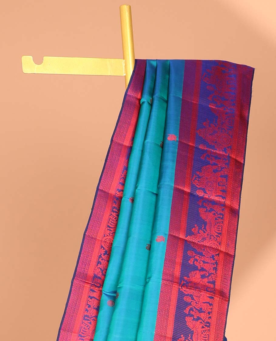 Blue buttas kancheepuram silk saree with contrast wedding design border & intricate checked, floral zari design pallu