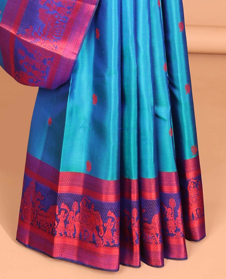 Blue buttas kancheepuram silk saree with contrast wedding design border & intricate checked, floral zari design pallu