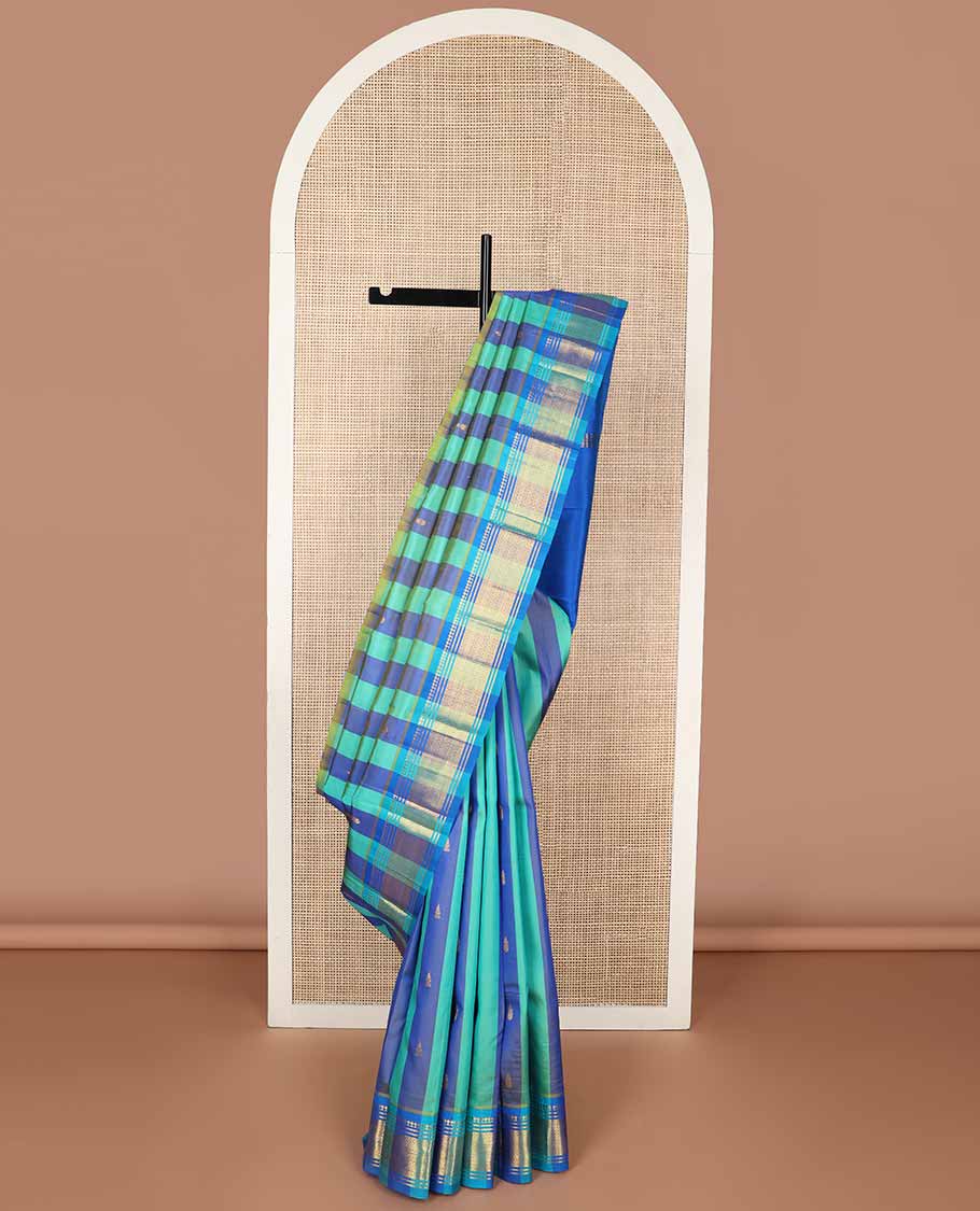 Blue striped, buttas kancheepuram silk saree with contrast zari design border & floral motifs pallu