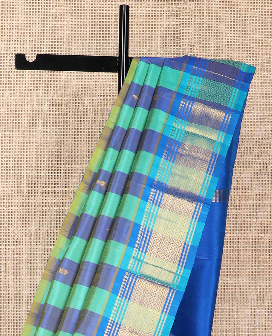 Blue striped, buttas kancheepuram silk saree with contrast zari design border & floral motifs pallu
