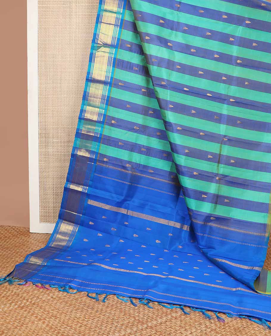 Blue striped, buttas kancheepuram silk saree with contrast zari design border & floral motifs pallu