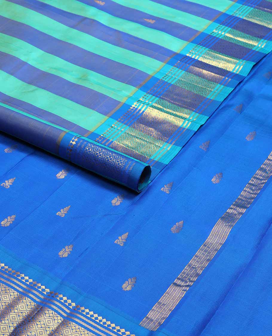 Blue striped, buttas kancheepuram silk saree with contrast zari design border & floral motifs pallu