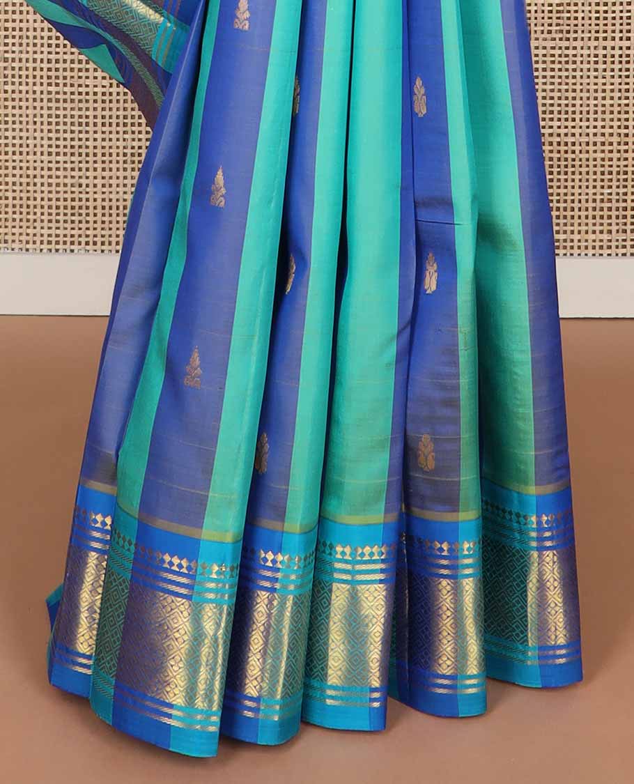 Blue striped, buttas kancheepuram silk saree with contrast zari design border & floral motifs pallu
