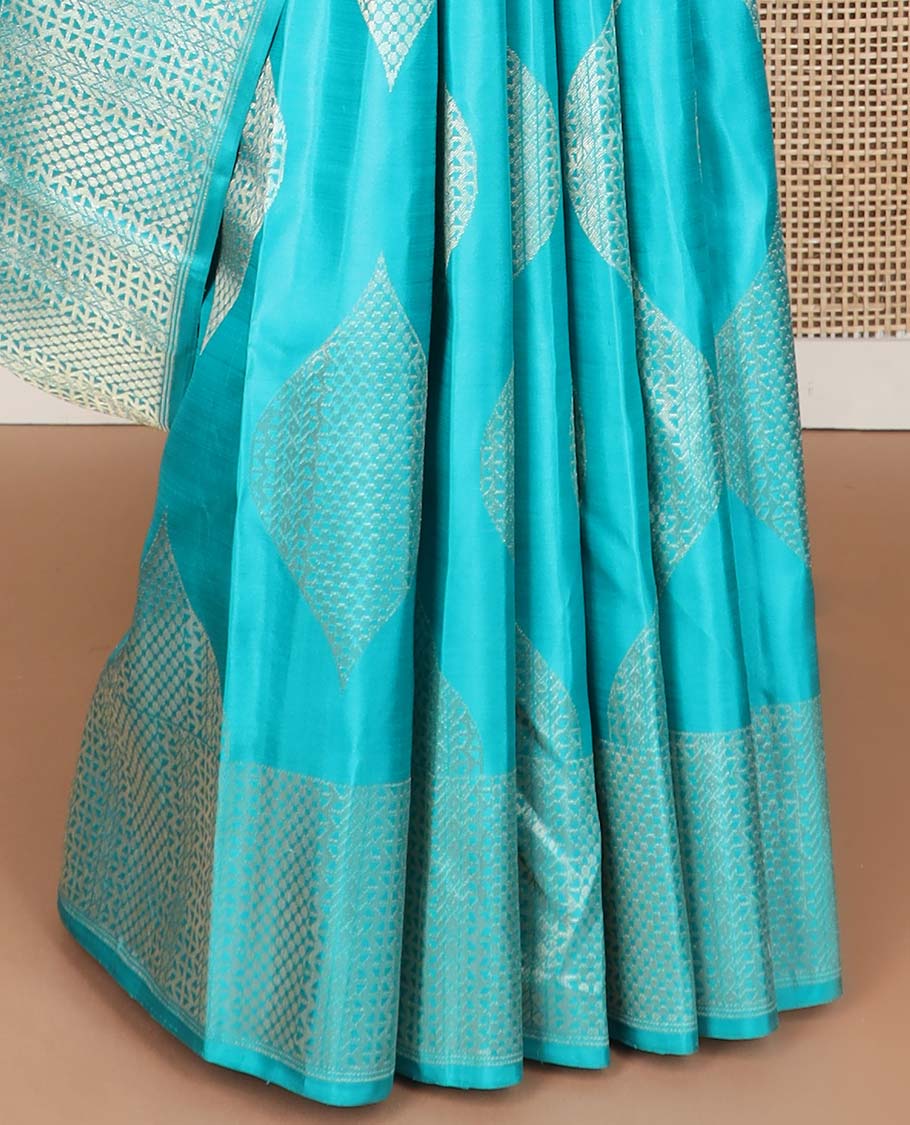 Light blue geometric design kancheepuram silk saree with self zari border & bhavanji pallu