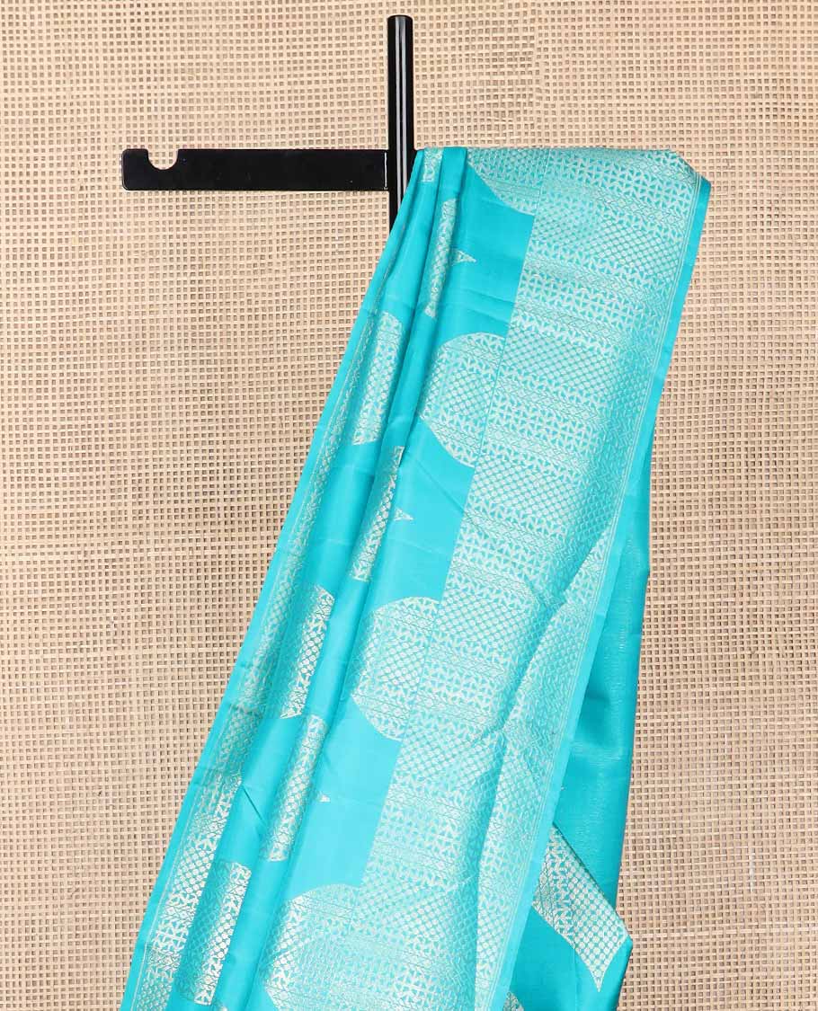 Light blue geometric design kancheepuram silk saree with self zari border & bhavanji pallu