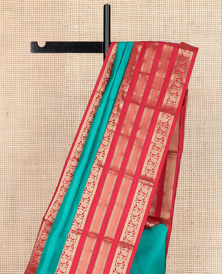 Blue plain Kanchipuram silk saree, contrast border of Muthu,banaras,kodi visiry & neli & geometric patterned pallu