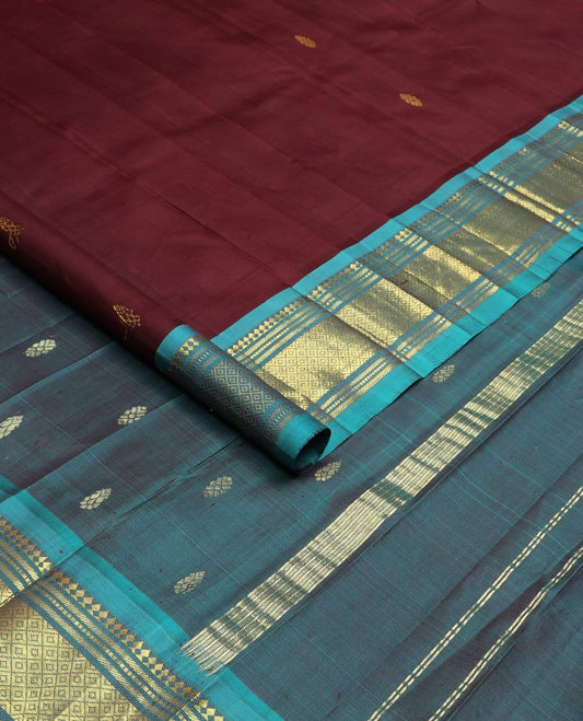 Maroon zari buttas silk saree, contrast one-sided border of panner sombu,banaras,muthu & mayil kann designs & zari design pallu