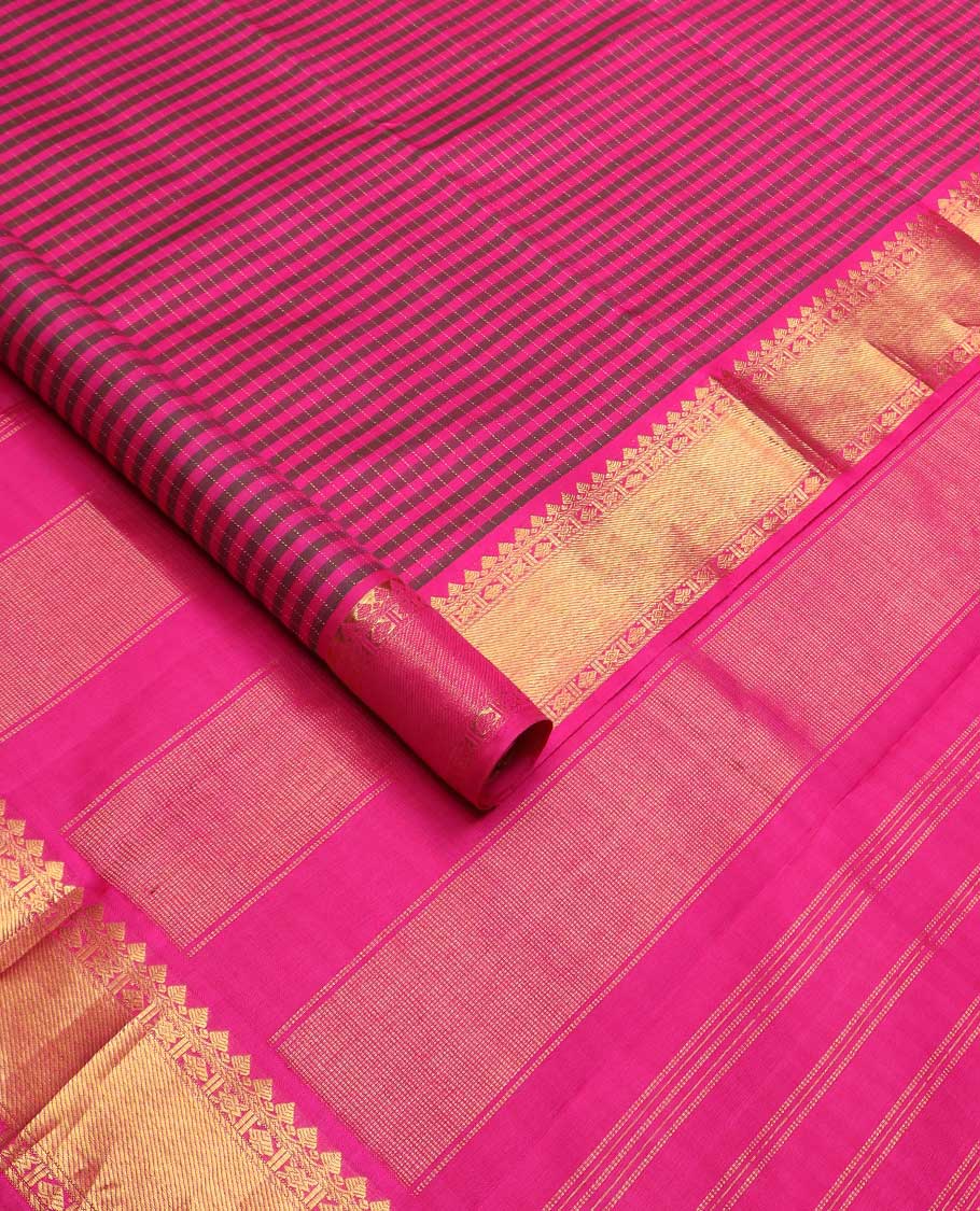 Pink striped Kanchipuram silk saree, zari border of traditional designs, and pallu of zari designs