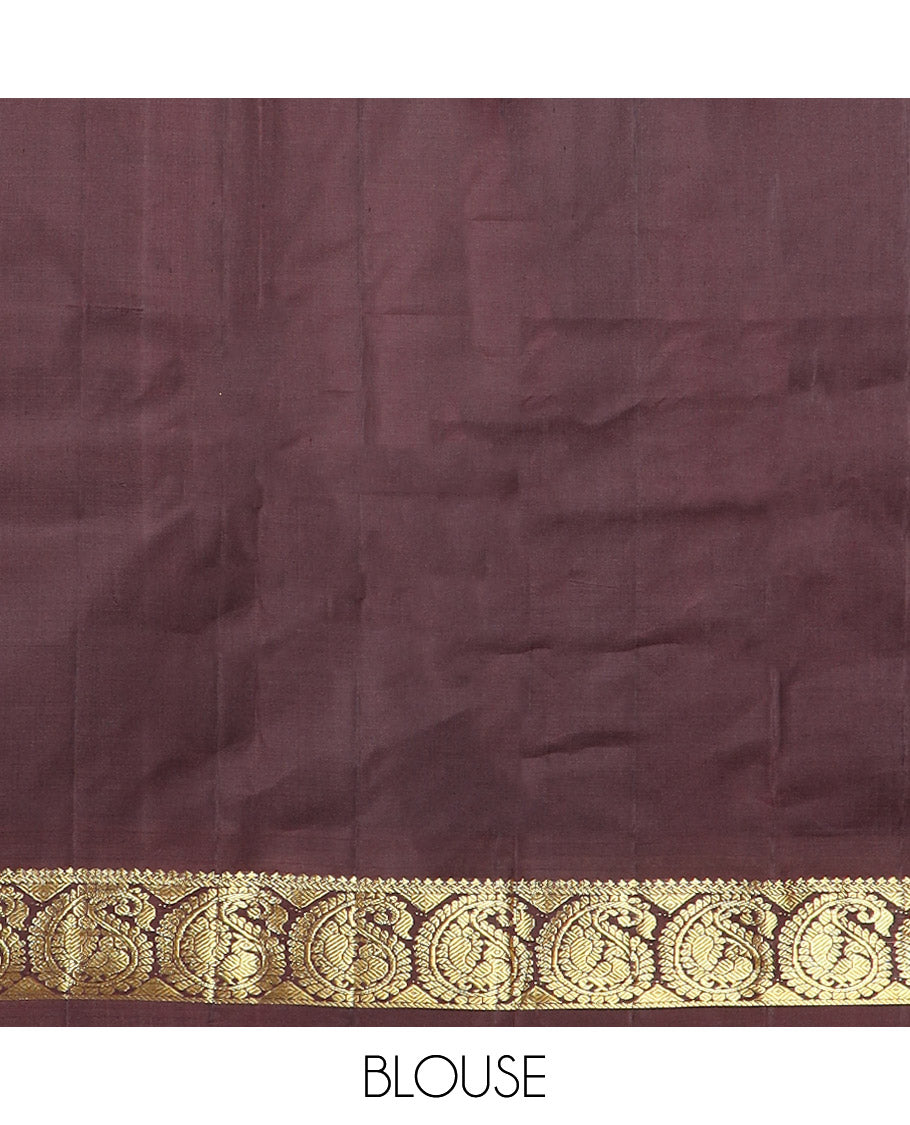 Brown zari buttas Kanchipuram silk saree, contrast mayil enclosed manga zari border, and zari design pallu
