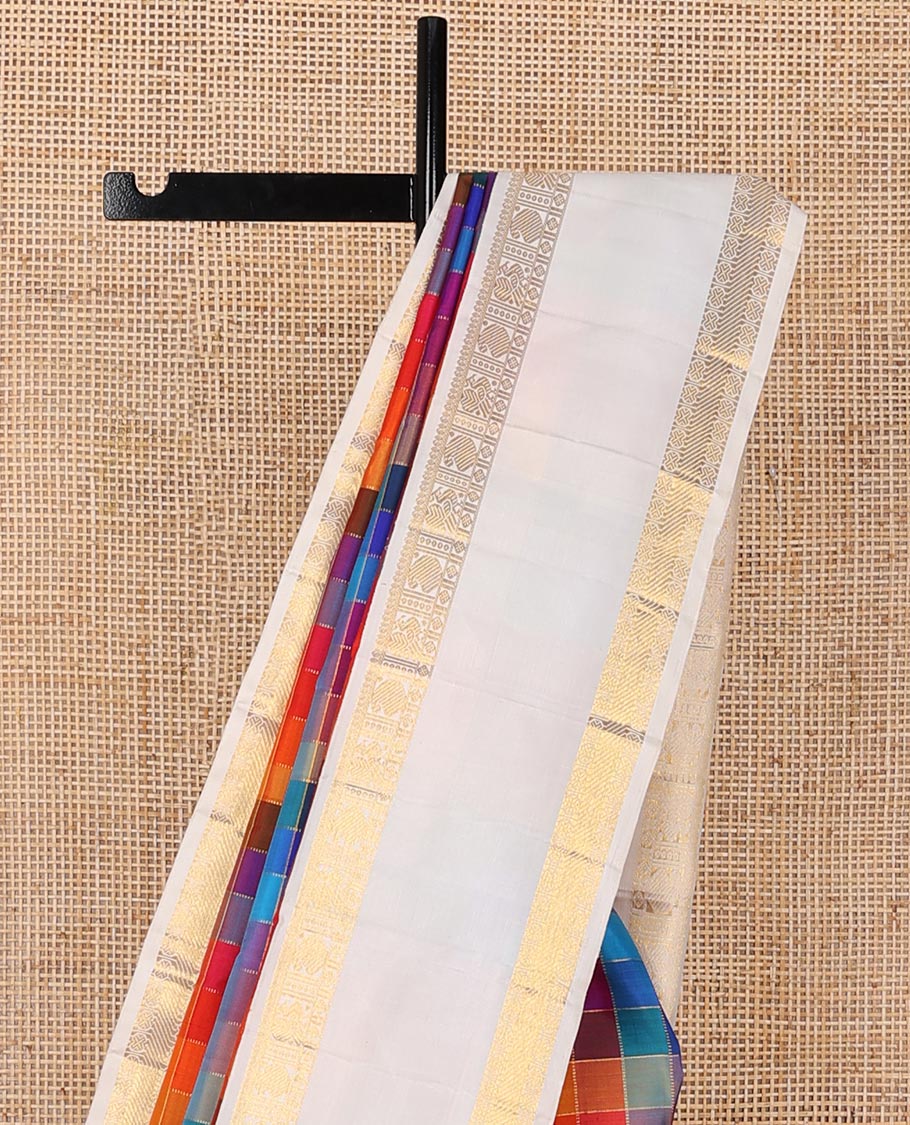 Multi-color palum pazhamum checked silk saree,contrast rettai pettu border of thilakam mokku,mayil,manga & kattu lavangam & zari checks pallu