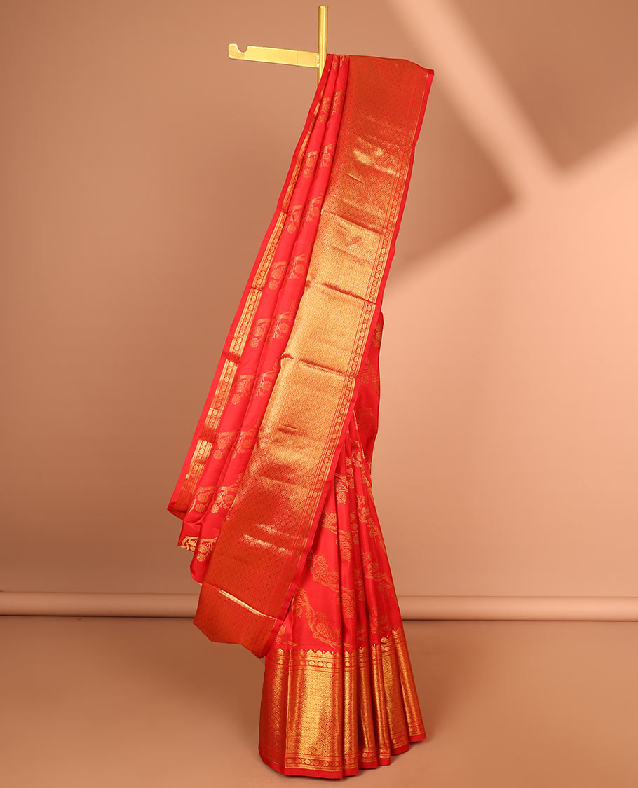 Red floral vine design kanchipuram silk saree with self border banaras, muthu, paun, checked design border & zari design pallu