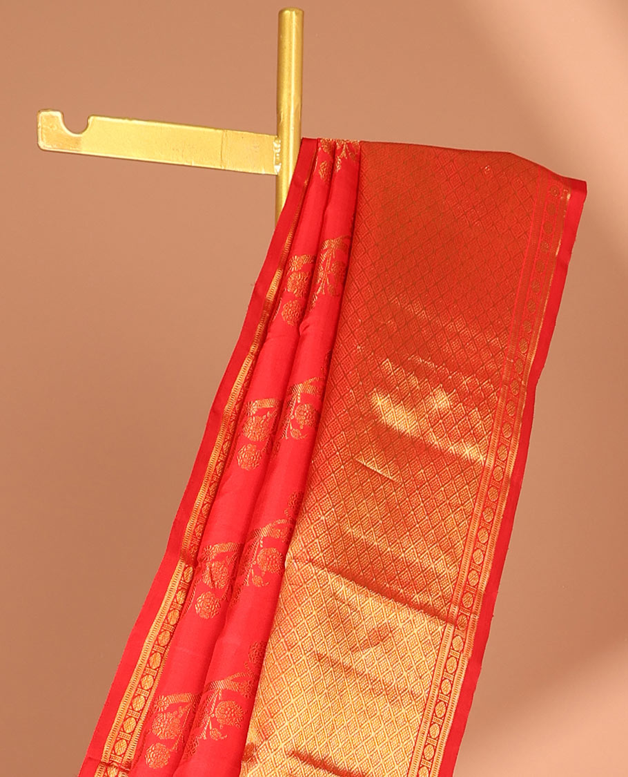 Red floral vine design kanchipuram silk saree with self border banaras, muthu, paun, checked design border & zari design pallu