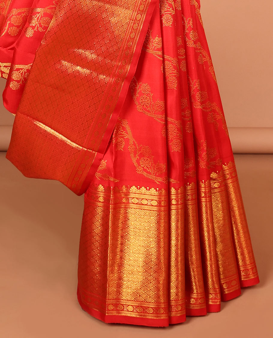 Red floral vine design kanchipuram silk saree with self border banaras, muthu, paun, checked design border & zari design pallu