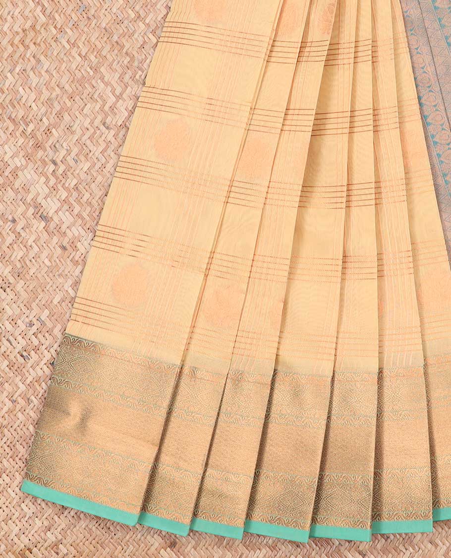 Sandal checked, floral kora cotton saree with contrast zari design border & intricate zari design pallu
