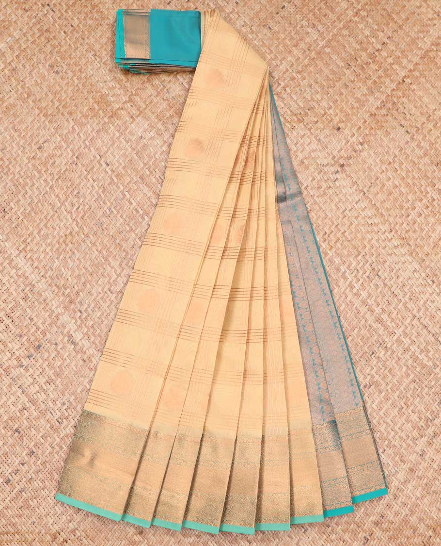 Sandal checked, floral kora cotton saree with contrast zari design border & intricate zari design pallu