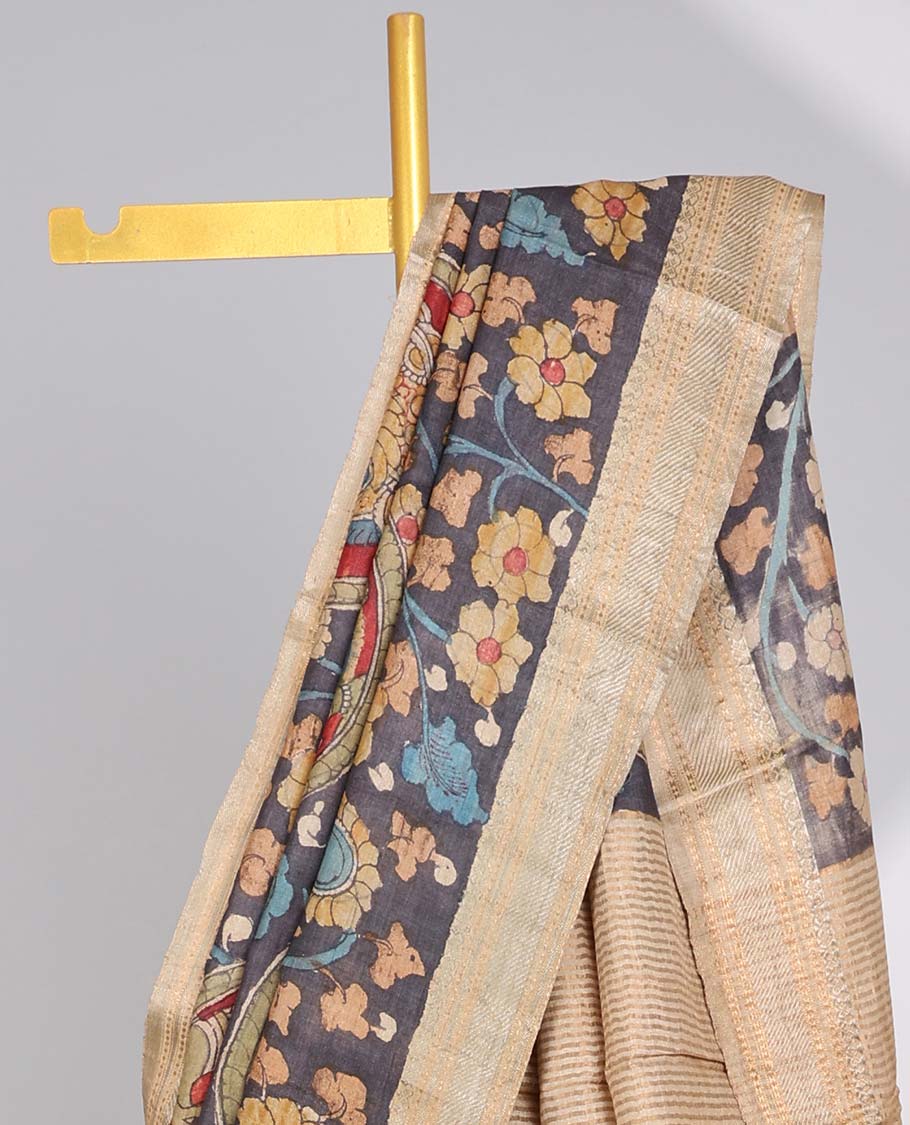 Grey floral, human design handpainted pen kalamkari silk saree with contrast plain border & striped pallu