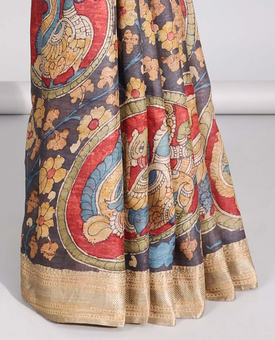Grey floral, human design handpainted pen kalamkari silk saree with contrast plain border & striped pallu