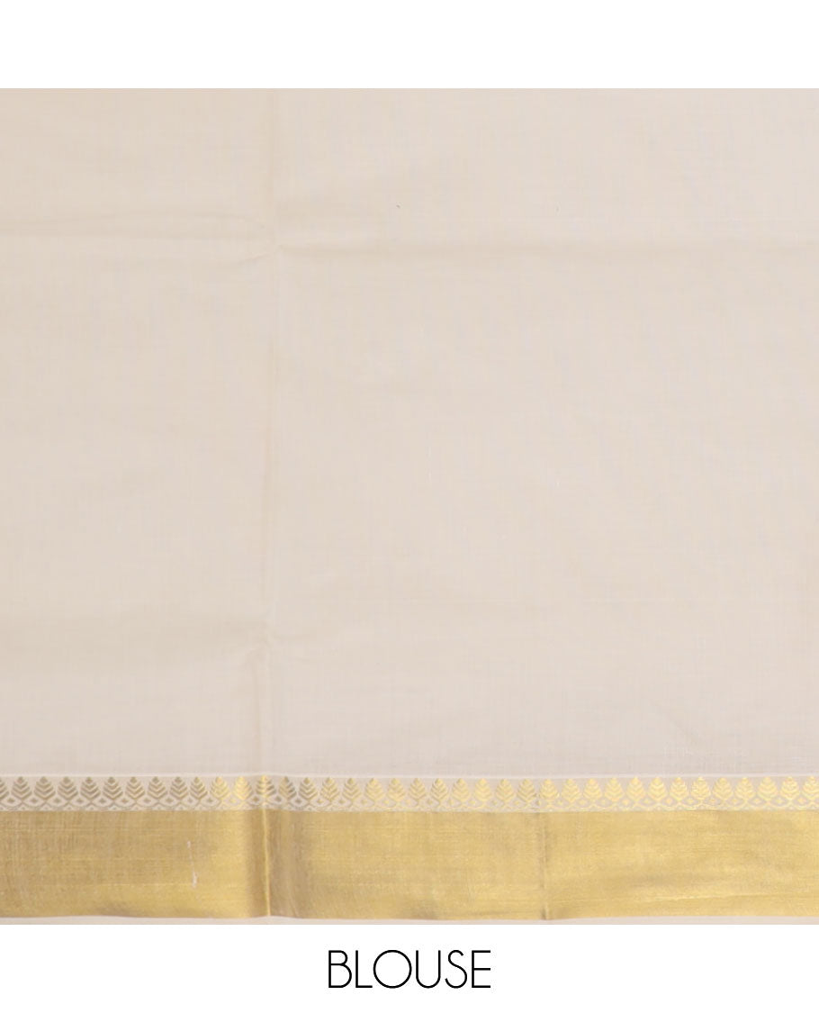 Cream zari buttas Kerala saree, zari border, and pallu of spade shape motifs