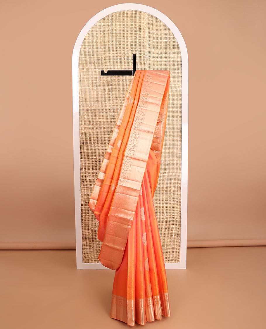 Orange geometric, floral design kancheepuram silk saree with contrast border of poo chakarm, muthu, kodi visiry design & zari design pallu