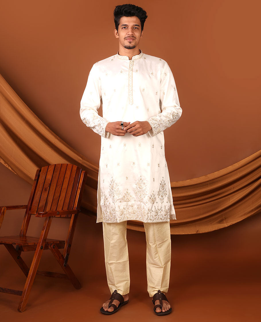 Enthralling White Floral-Themed Mixed Embroidered Full-Sleeved Men's Kurta Set