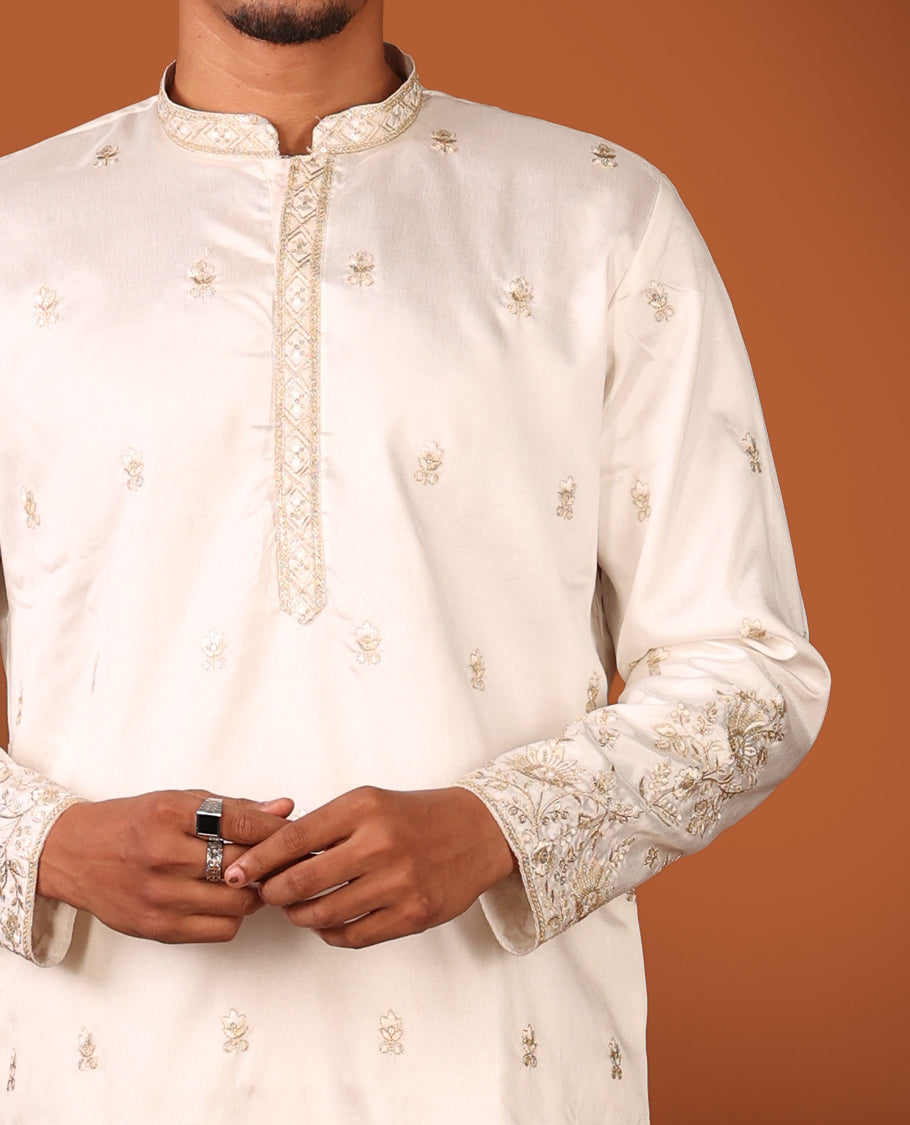 Enthralling White Floral-Themed Mixed Embroidered Full-Sleeved Men's Kurta Set