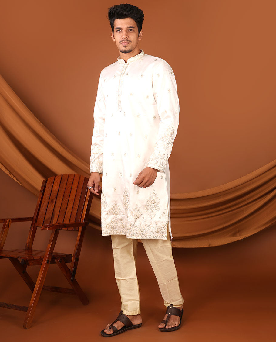 Enthralling White Floral-Themed Mixed Embroidered Full-Sleeved Men's Kurta Set
